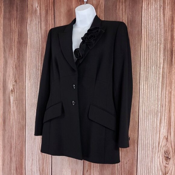Escada Womens Size 36 Black Floral Two Button Notch Lapel Wool Blazer Jacket - Picture 2 of 16